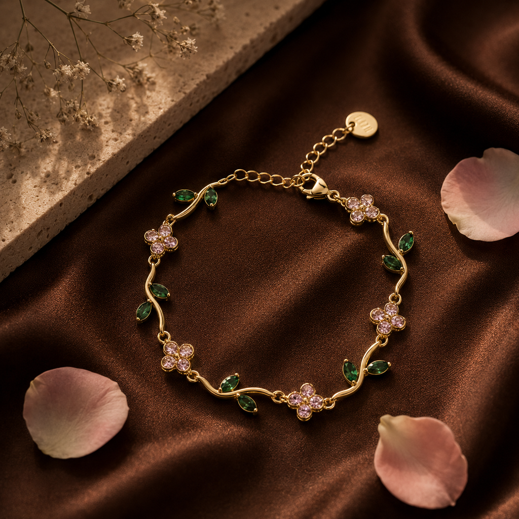 Bracelet strass fleurs et feuilles – Éclat floral