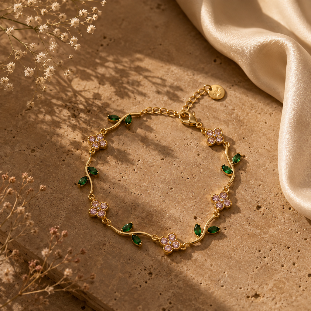Bracelet strass fleurs et feuilles – Éclat floral